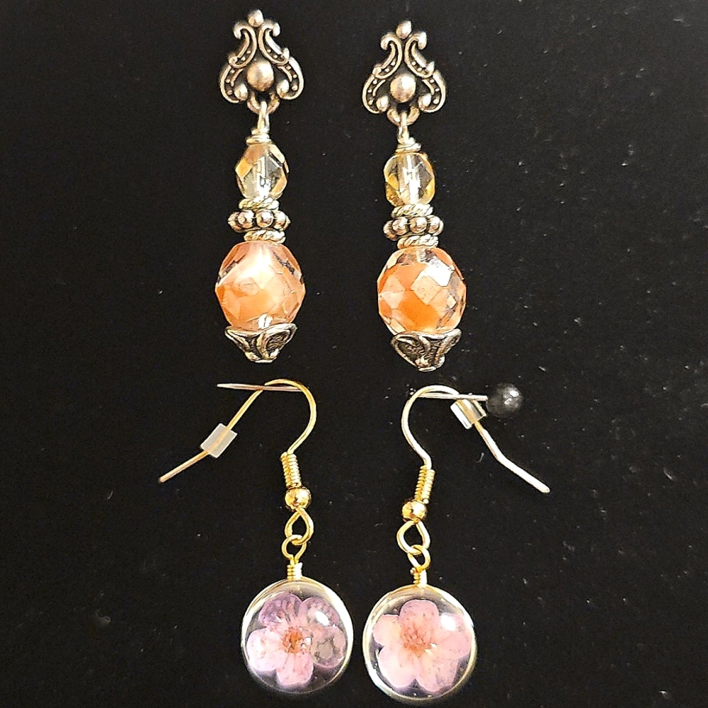 Vintage Faceted & Pool Of Light Pink Motif Dangling Earrings (2 pairs)